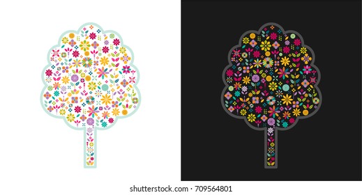 colorful flower pattern and decoration graphic in tree shape isolate on white or black background.