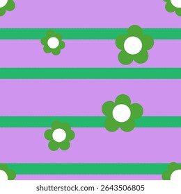 Colorful Flower Pattern With Green Blooms on a Purple Background