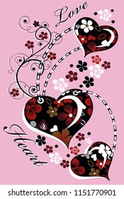 Colorful flower pattern hearts with around texts. Vector illustration.