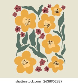 Colorful flower pattern illustration featuring tyellow and red flowers in a modern and minimalist style
