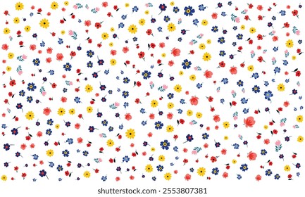 Colorful Flower Pattern. Vibrant Floral Background with Scattered Spring Flowers. Quirky and Playful Design, Perfect for Digital Art, Prints, and Creative Projects