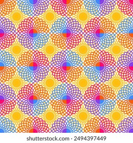 A colorful flower pattern with a yellow background. The flowers are in different colors and are arranged in a way that creates a sense of movement and energy. Scene is bright and cheerful 