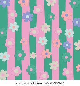 The colorful flower patterns on the background are pink and green stripes, and the design is simple and geometric.