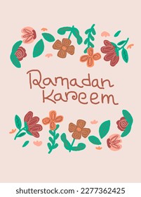 Colorful Flower patterns on white background with a note Ramadan Kareem in the middle. Aesthetic concept