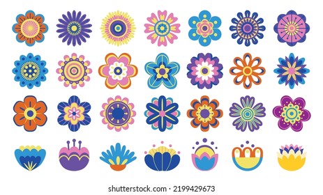 Colorful flower pictograms. Cute cartoon floral symbols, top view of kids flowers illustration, ornamental flower logo and decorative elements. Vector isolated set. Spring garden blossom