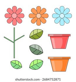 Composição colorida dos vasos da flor no vetor de fundo branco.