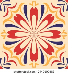 A colorful flower with red, blue, and yellow petals. Ceramic tiles in boho style feature simple floral and leaf motifs. Mexico floral mosaic. Spanish pattern. Colorful mediterranean ornament.