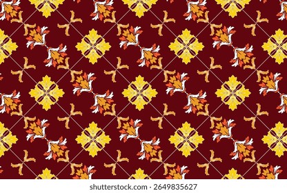 A colorful flower with red, blue, and yellow petals. Ceramic tiles in boho style feature simple floral and leaf motifs. Mexico floral mosaic. Spanish pattern. Colorful mediterranean ornament.