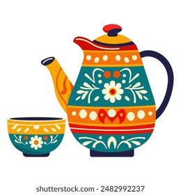 Colorful flower retro teapot and cups flat design