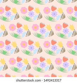 Colorful flower seamless pattern for background, notebook, simple design. Modern abstract vector design for paper, cover, fabric, interior decor. Soft pastel colors for kids/children bedroom