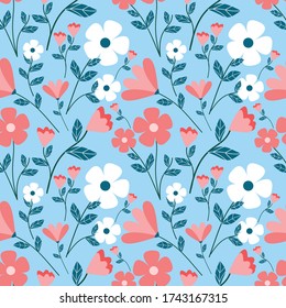 Colorful Flower Seamless Pattern Blue Background