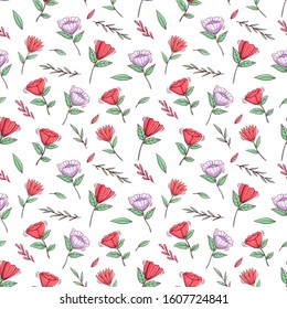 Colorful flower in seamless pattern with doodle or hand drawn style on white background