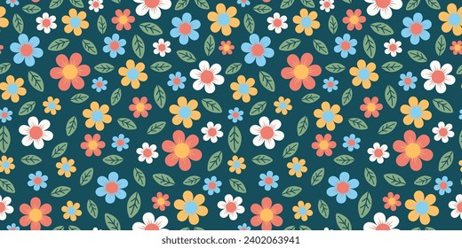 Colorful flower seamless pattern. Floral pattern on a dark green background.