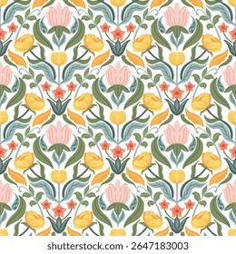 Colorful flower seamless pattern with folk art design elements. Decorative floral pattern for textile, fabric, wallpaper, background.