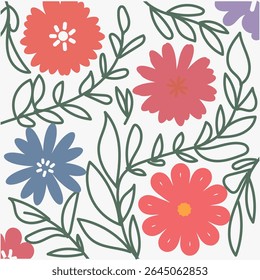 

Kleurrijke bloem naadloos patroon, Hand getrokken botanische element, Doodle bloemige achtergrond, Minimale botanische kunst, Leuke basisvormen van de natuur behang.