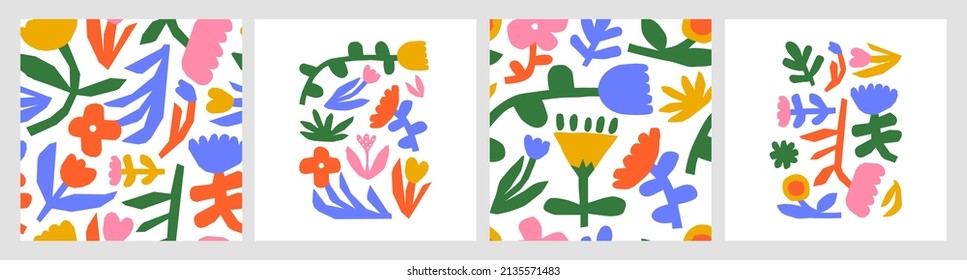 Colorful flower seamless pattern illustration and poster set. Children style floral doodle background collection, funny basic nature shapes wallpaper.