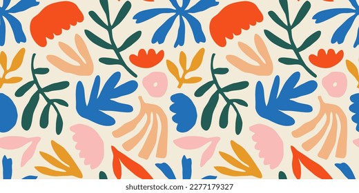 Colorful flower seamless pattern illustration. Children style floral doodle background, funny basic nature shapes wallpaper.