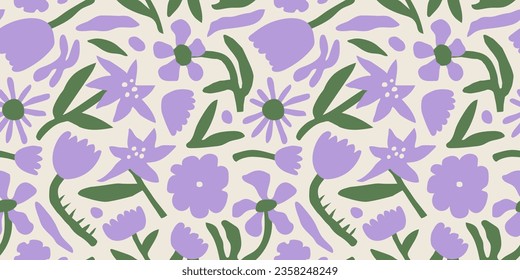 Colorful flower seamless pattern illustration. Children style floral doodle background, funny basic nature shapes wallpaper.