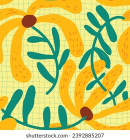 Farbige, nahtlose Musterillustration für Blumen. Die Kinder sind floraler, doodler Hintergrund, lustige, einfache Natur formt Tapeten.