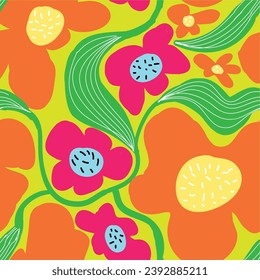 Colorful flower seamless pattern illustration. Children style floral doodle background, funny basic nature shapes wallpaper.
