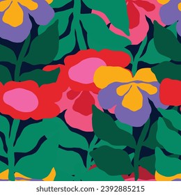 Colorful flower seamless pattern illustration. Children style floral doodle background, funny basic nature shapes wallpaper.