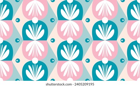Colorful flower seamless pattern illustration. Children style floral doodle background, fish and palm trees, funny basic nature shapes wallpaper.