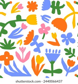 Colorful flower seamless pattern illustration. Children style floral doodle background, funny basic nature shapes wallpaper.