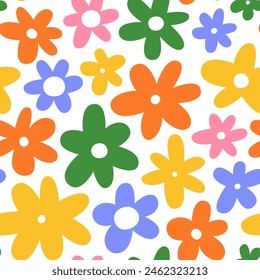 Ilustración de patrón sin costura de flor colorida. Fondo de doodle floral estilo de los niños, divertidas Formas básicas de la naturaleza Fondo de pantalla.	