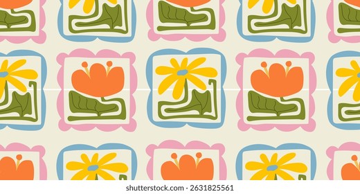 Ilustração padrão sem costura flor colorida em estilo mate. Crianças estilo floral doodle fundo, engraçado formas de natureza básica papel de parede.