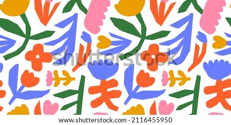 Colorful flower seamless pattern illustration. Children style floral doodle background, funny basic nature shapes wallpaper.