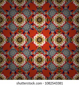 Colorful flower seamless pattern. Mandala vector element. Round ornament decoration. Stylized floral motif in magenta, black and orange colors.