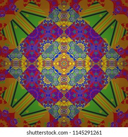 Colorful flower seamless pattern. Mandala vector element. Stylized floral motif in violet, orange and yellow colors. Round ornament decoration.