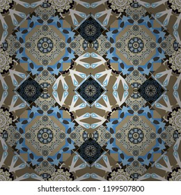 Colorful flower seamless pattern. Mandala vector element. Stylized floral motif in gray, beige and blue colors. Round ornament decoration.