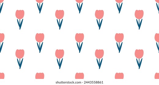 Colorful Flower seamless Pattern minimalist illustration. Children simple cute style pink floral doodle background, funny girly basic nature shapes wallpaper or fabric.