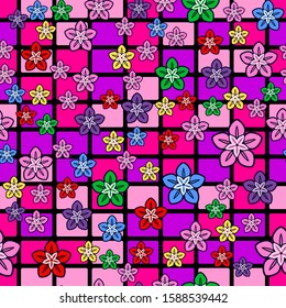 Colorful flower seamless pattern on white background. Paper print design. Abstract retro vector illustration. Trendy textile, fabric, wrapping. Modern space decoration.