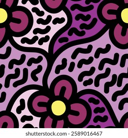 Colorful flower seamless pattern with purple-pink background doodles