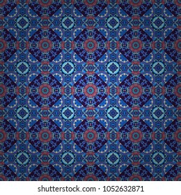 Colorful flower seamless pattern. Round ornament decoration. Stylized floral motif in gray, violet and blue colors. Mandala vector element.