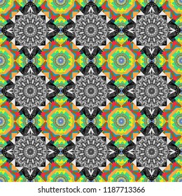 Colorful flower seamless pattern. Round ornament decoration. Stylized floral motif in gray, green and blue colors. Mandala vector element.