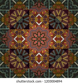 Colorful flower seamless pattern. Round ornament decoration. Stylized floral motif in gray, green and brown colors. Mandala vector element.