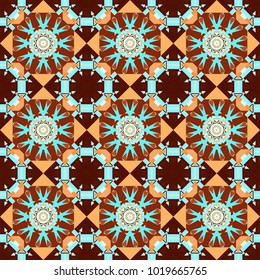 Colorful flower seamless pattern. Stylized floral motif in blue, brown and red colors. Mandala vector element. Round ornament decoration.
