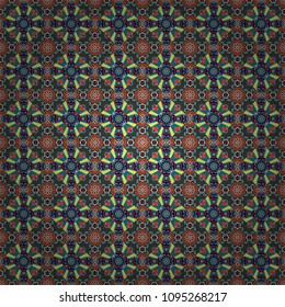 Colorful flower seamless pattern. Stylized floral motif in brown, beige and yellow colors. Round ornament decoration. Mandala element.