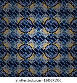Colorful flower seamless pattern. Stylized floral motif in yellow, blue and black colors. Round ornament decoration. Mandala vector element.