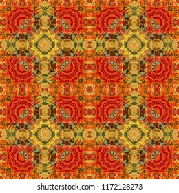 Colorful flower seamless pattern. Stylized floral motif in gray, blue and yellow colors. Round ornament decoration. Mandala vector element.