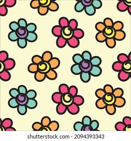 Farbige Blume Nahtlose Muster Vektor. Flaches Design mit Umriss. Einfaches, endloses Hintergrundbild.  Dekorative Illustration. Cartoon Handzeichnung