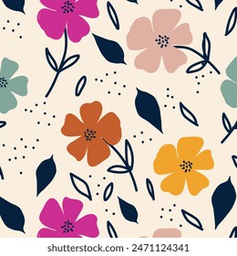 Colorful flower seamless pattern,vector hand drawn botanical element,doodle floral background,minimal botanical art,cute basic nature shapes wallpaper.