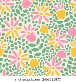 Colorful flower seamless summer pattern illustration. Children style floral doodle background, funny basic nature shapes wallpaper