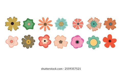 Colorful Flower Set
A collection of colorful hand-drawn flower illustrations in a flat design style. Each flower features unique shapes, patterns, and colors
