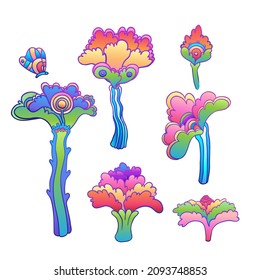 Colorful flower set,  retro 60s, 70s hippie style. Vintage psychedelic  vector design elements. Isolated on white. Great for stickers, patches and textile prints.