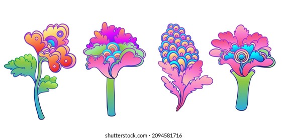 Colorful flower set,  retro 60s, 70s hippie style. Vintage psychedelic  vector design elements. Isolated on white. Great for stickers, patches and textile prints.