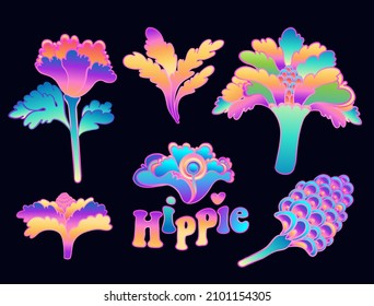 Colorful flower set,  retro 60s, 70s hippie style. Vintage psychedelic  vector design elements. Isolated on black. Great for stickers, patches and textile prints.